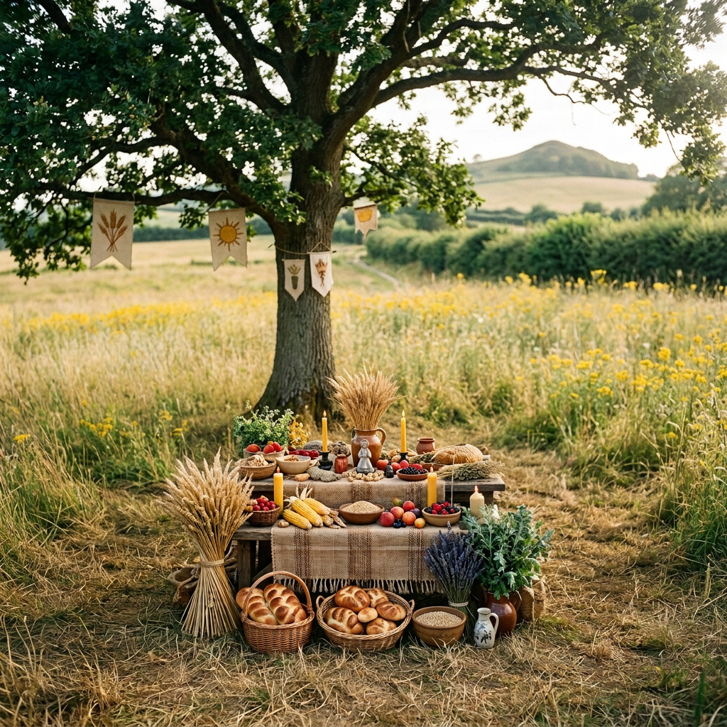 Group of people in natural clothing standing around a table with fruits, bread, and wheat under a tree